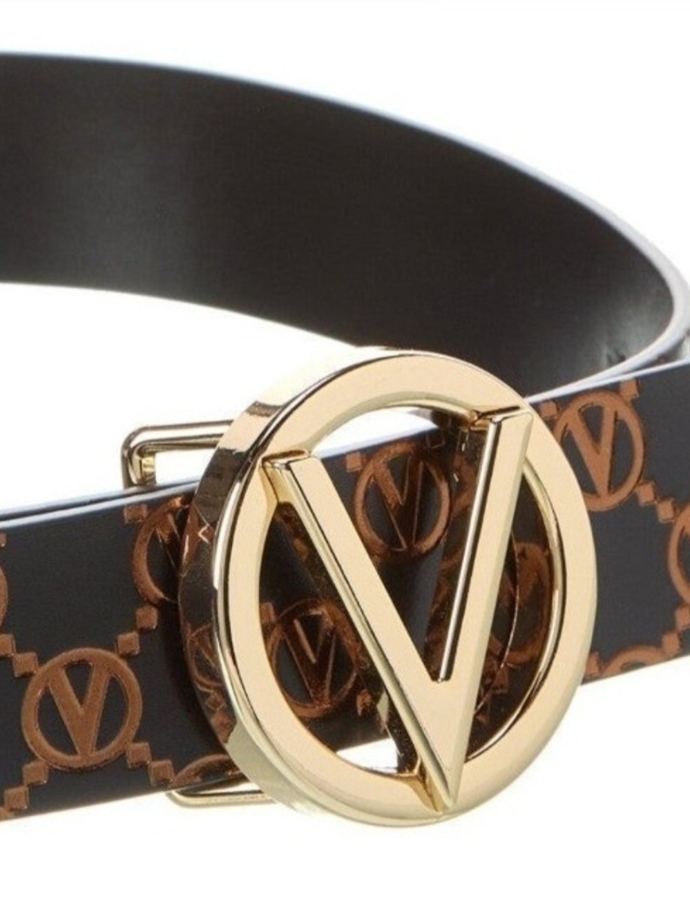 Valentino By Mario Valentino Bronze & Black Monogram Logo Belt W/Gold Buckle (L)